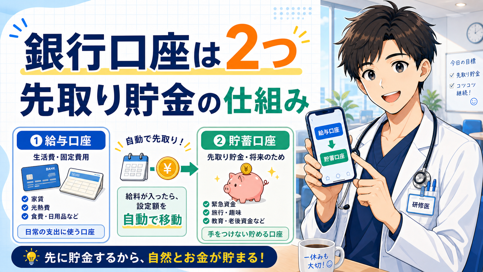 研修医の銀行口座は2つで足りる【先取り貯金の仕組みの作り方】